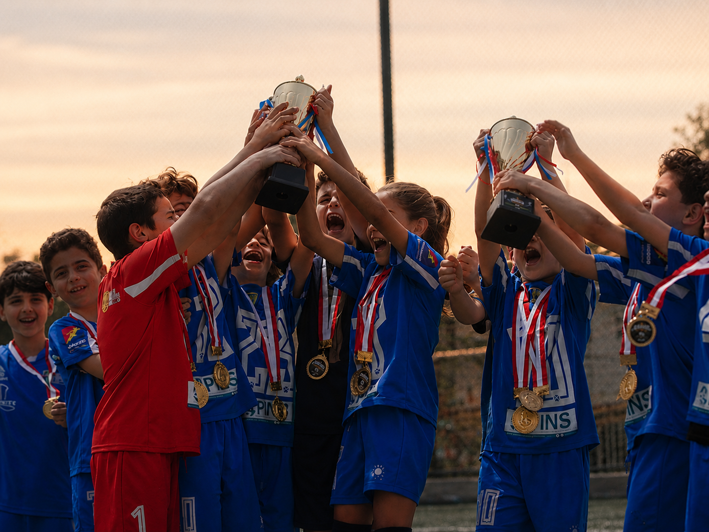 Youth team raising the trophy at sunset