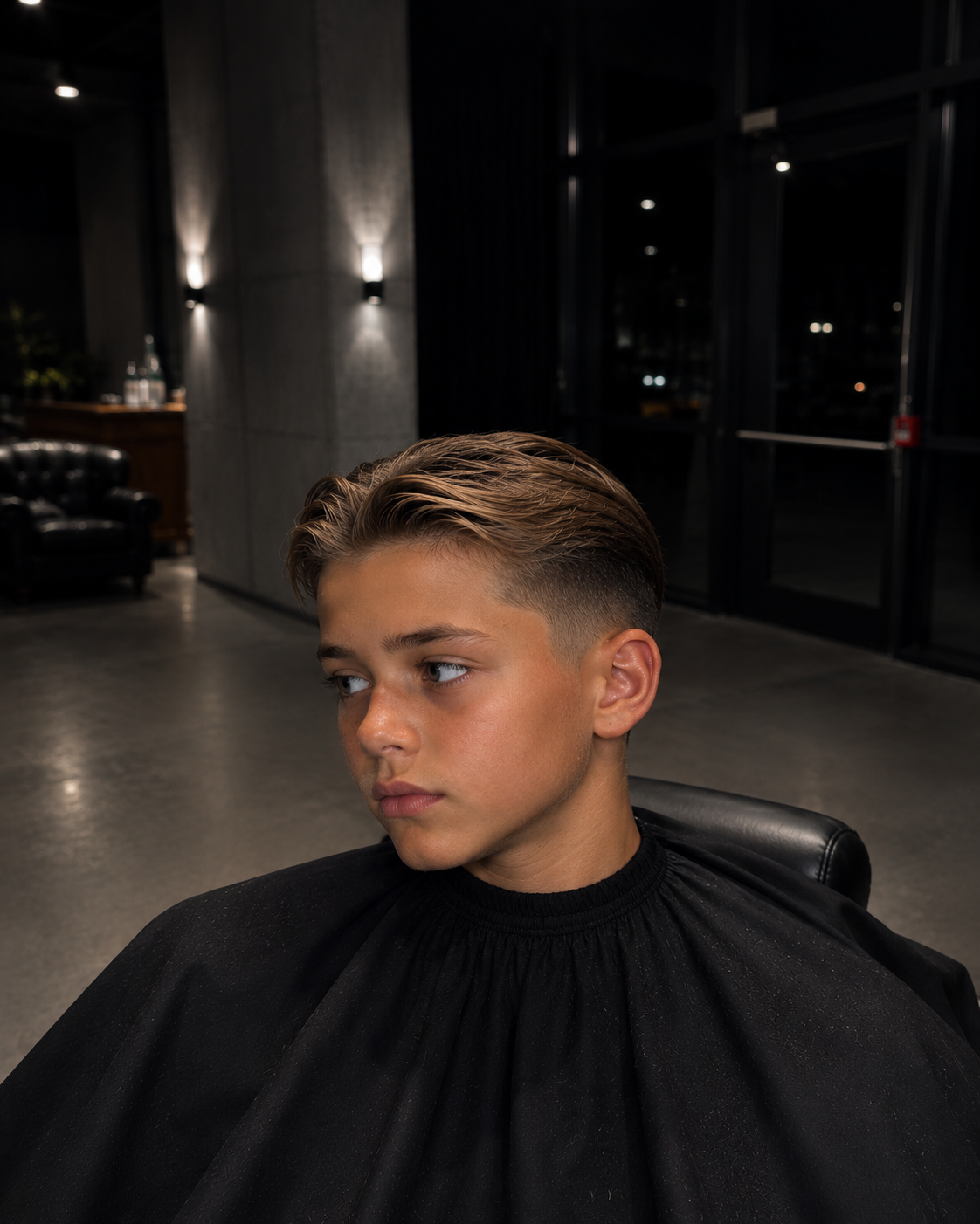 Youth haircut portrait in a dark studio